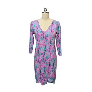 Lilly Pulitzer Dress Womens Small Pink Blue Floral V-Neck 3/4 Sleeve Cotton Knit